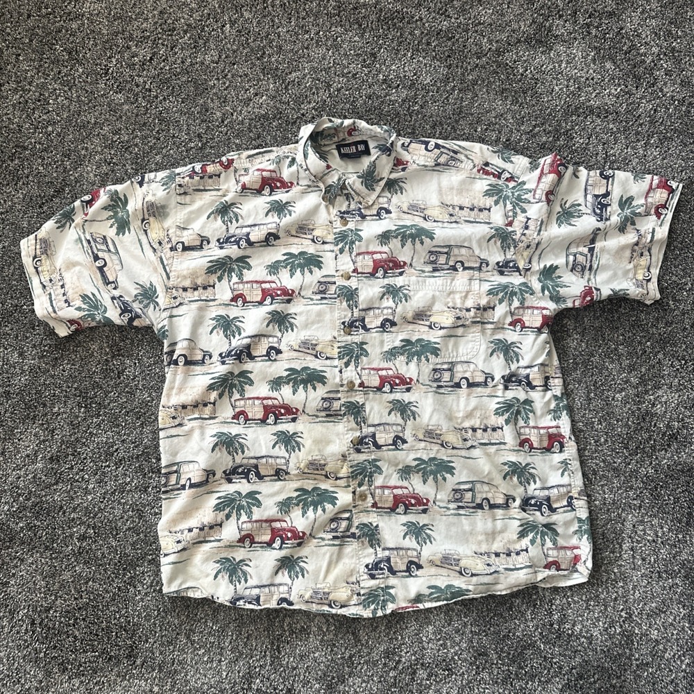 Vintage Keeler Bay Hawaiian Shirt Mens L‎ Beige AOP Cars Print Palm Tree Cotton